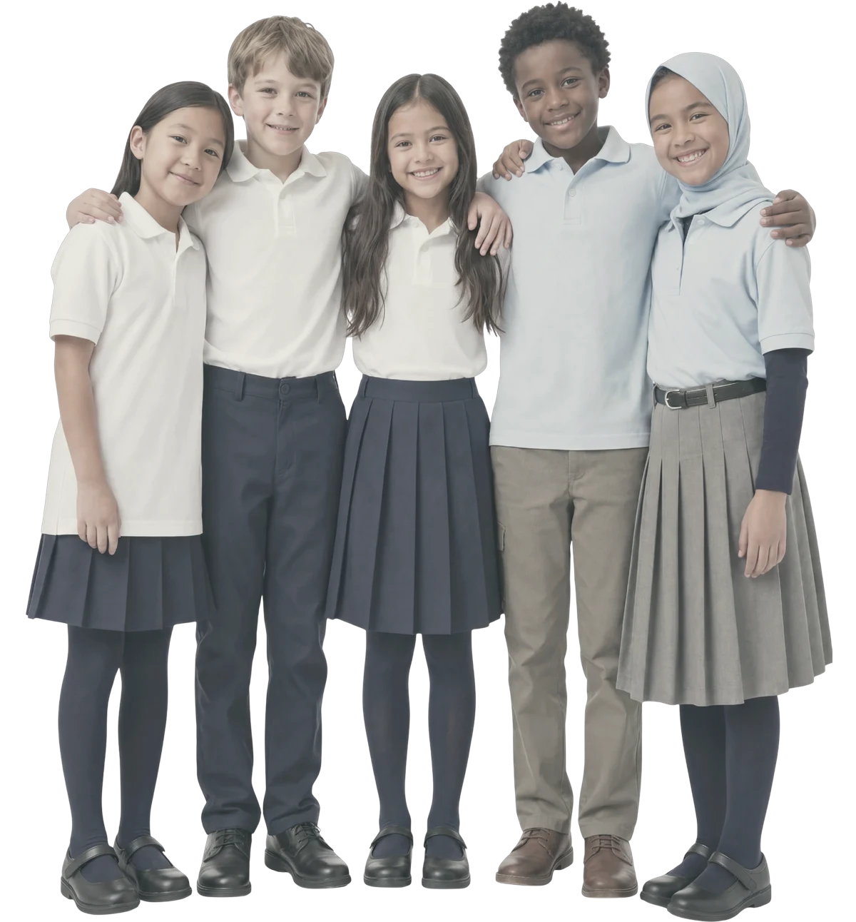 Five primary school children of different backgrounds standing together