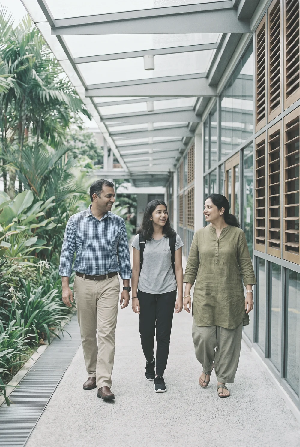 A family walking through an international school campus together